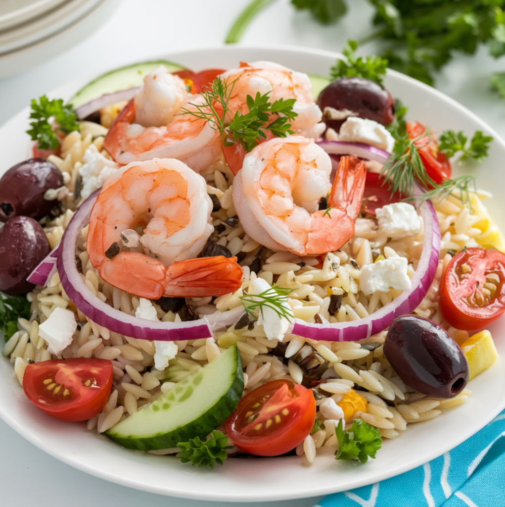 A vibrant shrimp orzo salad with Mediterranean flavors, colorful vegetables, and fresh herbs.