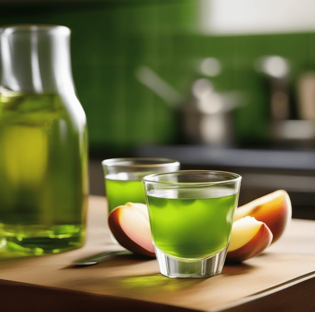 A beautifully styled green tea shot with ingredients like Jameson whiskey, peach schnapps, and sour mix displayed on a countertop.