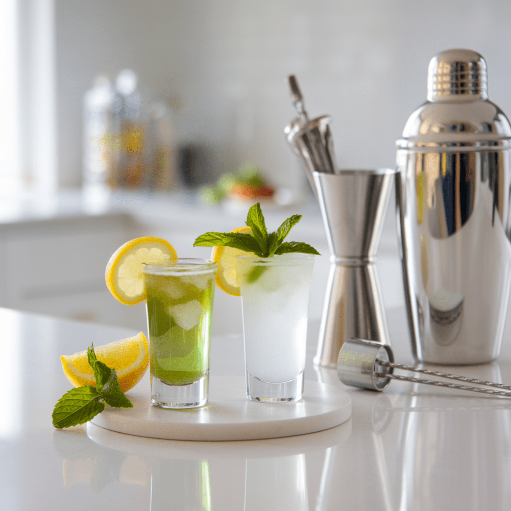 A side-by-side comparison of a green tea shot and a white tea shot, highlighting their differences in color, ingredients, and presentation.