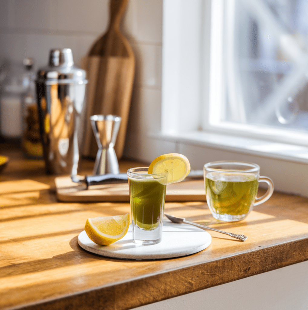 Substitute for Jameson in green tea shot with ingredients and tools displayed in a bright kitchen.