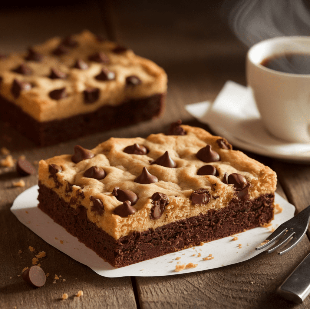 A close-up of a McAlister's Brookie on a rustic wooden table, featuring a rich, fudgy brownie base topped with a golden, chewy cookie layer with melted chocolate chips, accompanied by a steaming cup of coffee and a white napkin for a cozy dessert setting.