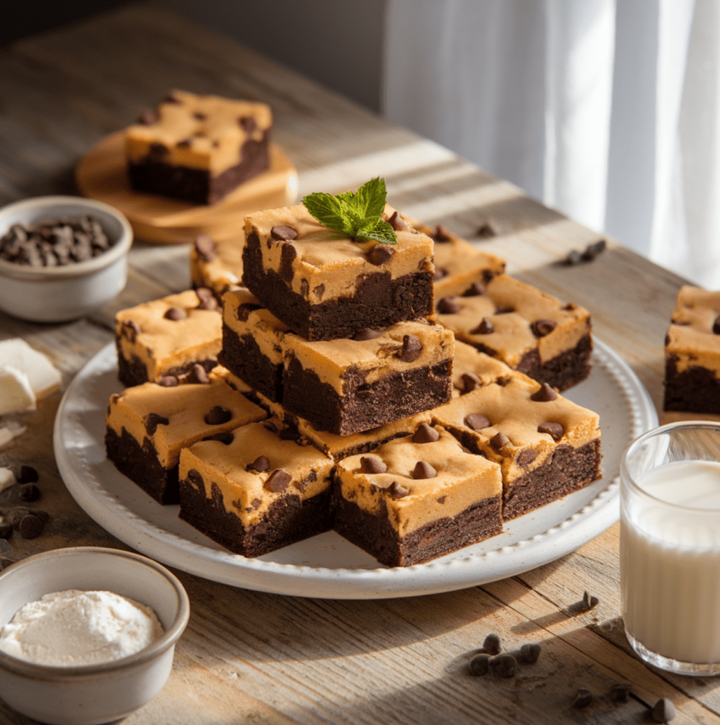 A close-up of a brookie dessert, featuring distinct layers of rich, fudgy brownie and golden, chewy cookie dough topped with melted chocolate chips. The brookies are cut into squares and arranged on a white ceramic plate, surrounded by baking props like chocolate chips and flour, with soft natural lighting creating a warm and inviting atmosphere.