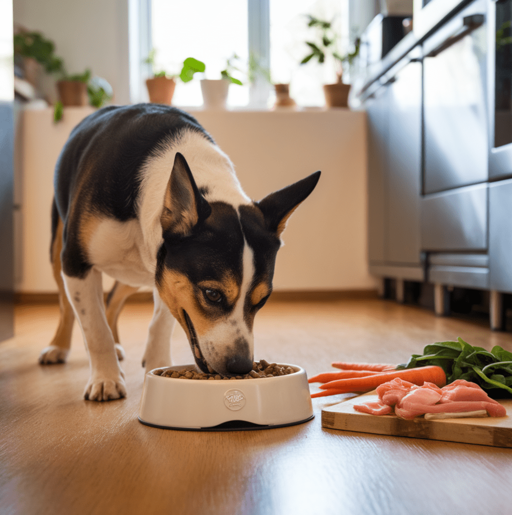 Happy dog eating kibble from a clean bowl on a wooden kitchen floor, surrounded by fresh ingredients like carrots, spinach, and cooked chicken, with natural light and a cozy kitchen background.