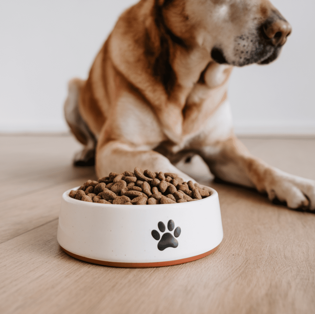 A medium-sized dog sitting next to a ceramic bowl filled with dry dog food, placed on a wooden floor, with the dog looking curiously at the food