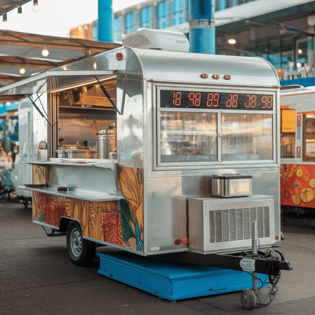 A vibrant taco-themed food trailer parked at a busy outdoor market, featuring bold colors, a large service window, and creative branding. Happy customers are gathered around, with string lights, tables, and a festive market atmosphere in the background.how much does a food trailer weigh