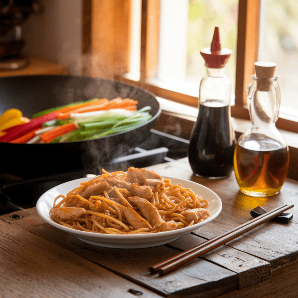 A serving of chicken chow mein topped with sriracha and chili flakes, emphasizing bold and spicy flavor variations.