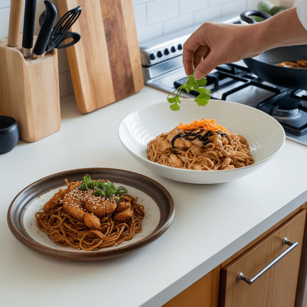 Plate of crispy chicken chow mein with vibrant vegetables and a savory sauce next to a dish of soft chicken lo mein, showcasing the textural and flavor differences between the two Chinese noodle dishes