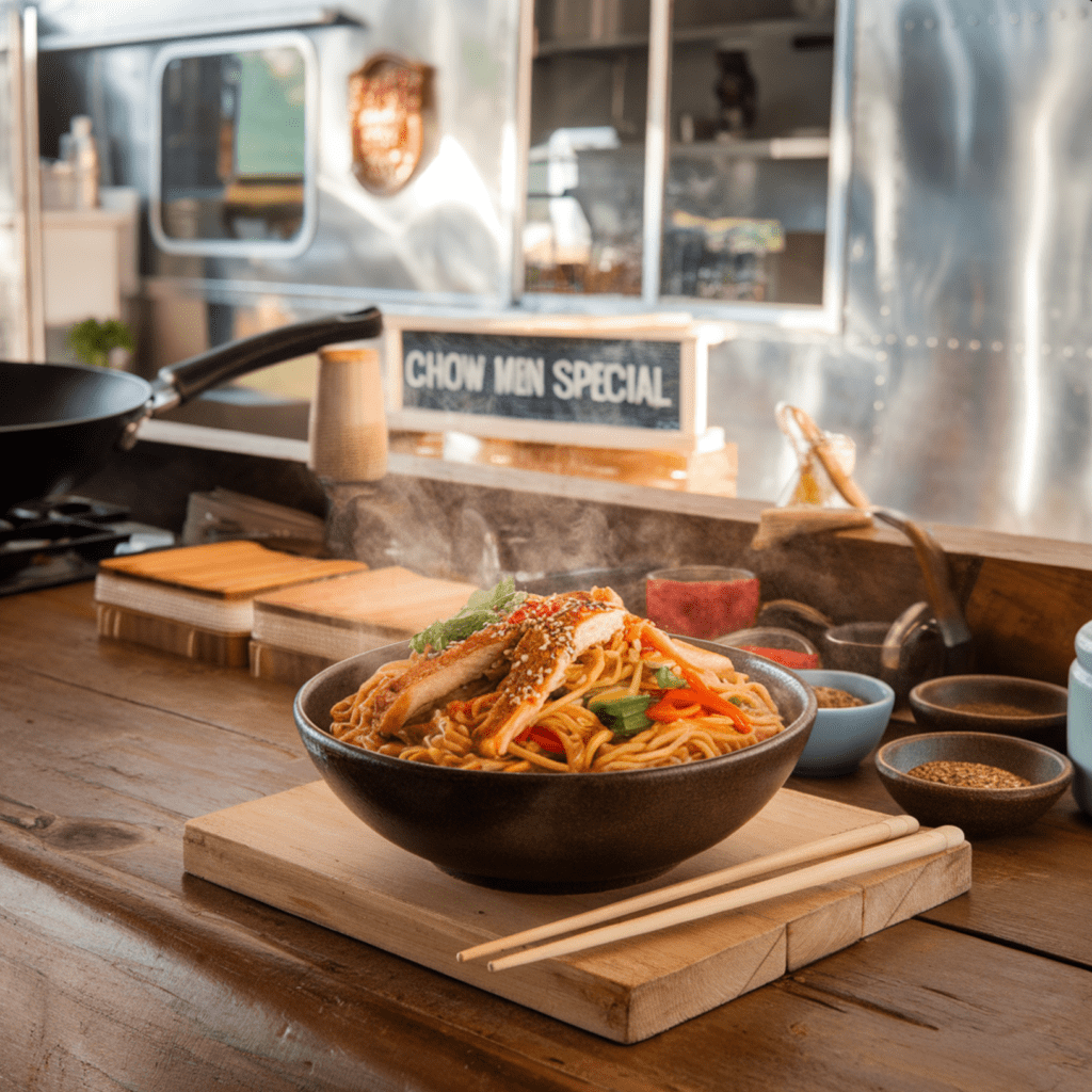A delicious bowl of chow mein served on a wooden table, garnished with fresh green onions and sesame seeds. The dish features crispy noodles, colorful vegetables like carrots and bell peppers, and tender pieces of chicken, all tossed in a savory soy-based sauce. The background includes utensils and a small soy sauce bowl, evoking a cozy and inviting dining atmosphere.