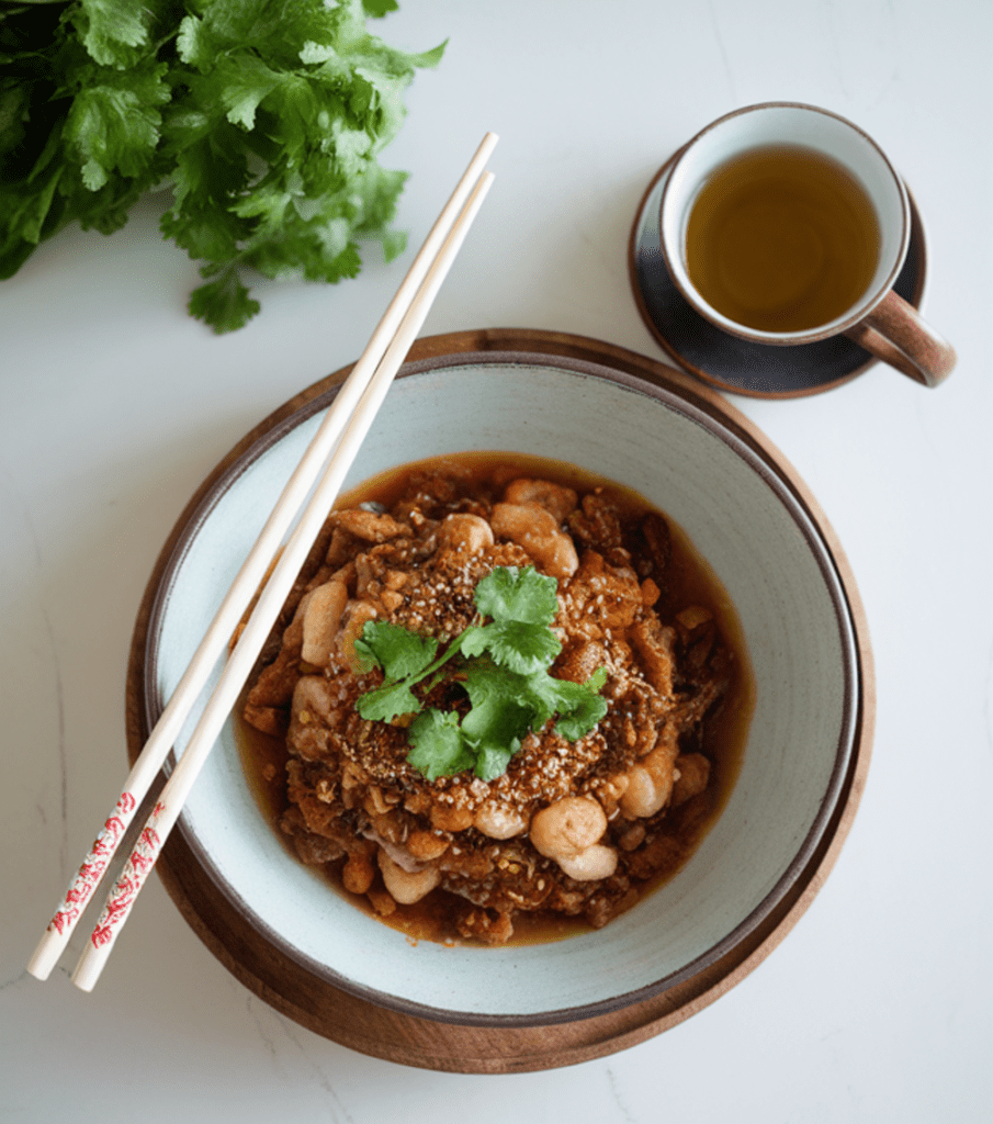 A colorful plate of Chop Suey featuring stir-fried vegetables, beef strips, and noodles in a modern kitchen setting.