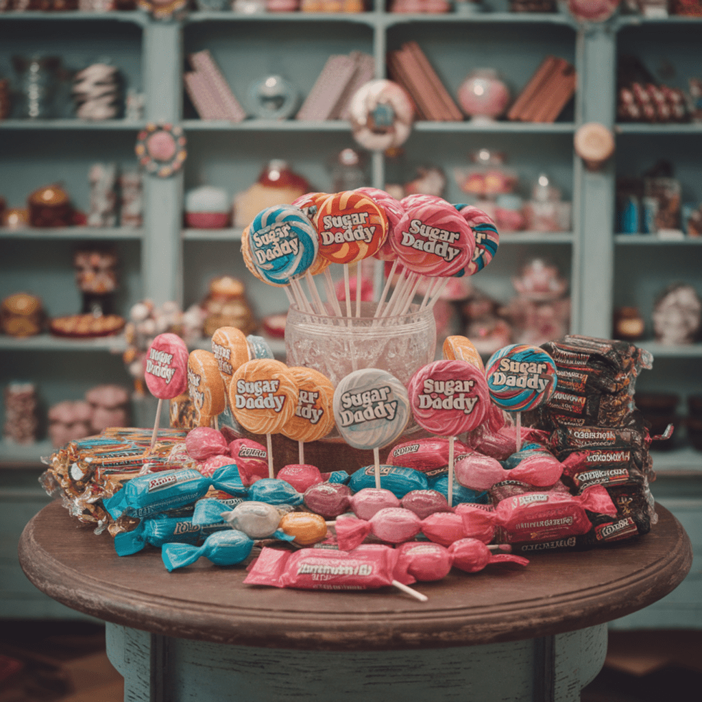 Sugar Daddy candy lollipops displayed in colorful packaging, highlighting their chewy caramel texture.