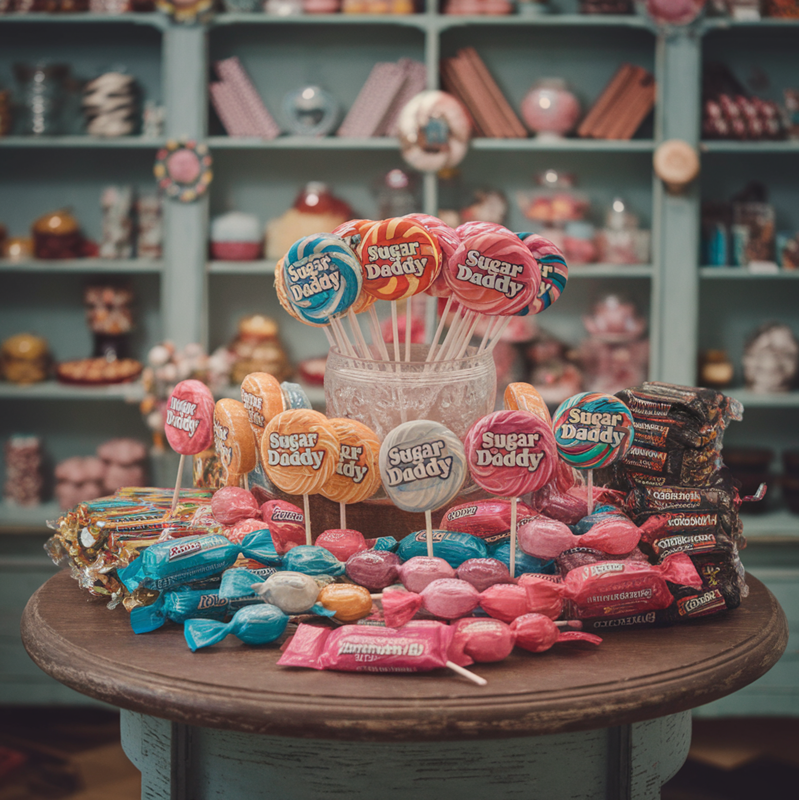 Sugar Daddy candy lollipops displayed in colorful packaging, highlighting their chewy caramel texture.