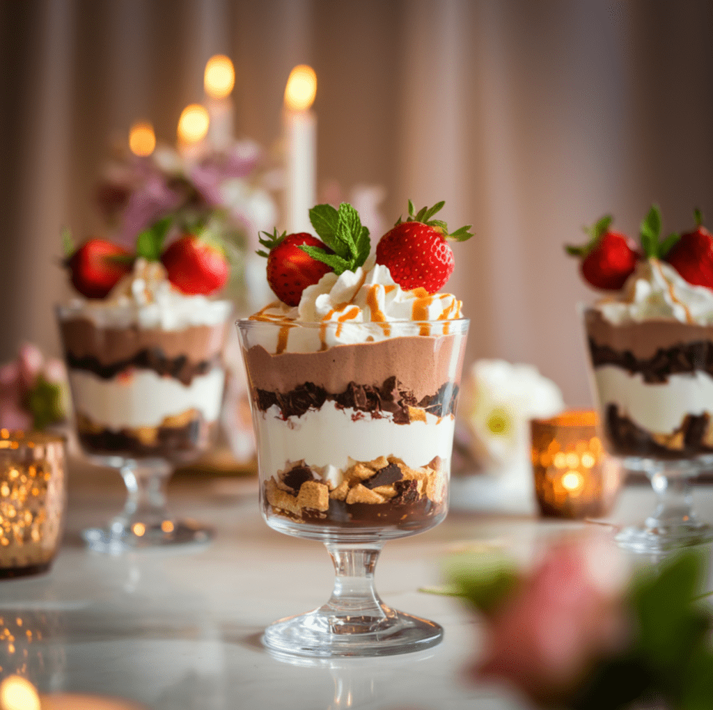 A dessert cup with layered chocolate mousse, whipped cream, and crushed cookies, topped with fresh strawberries, mint leaves, and caramel drizzle, served in a clear glass on an elegant dining table.How to make dessert cups?