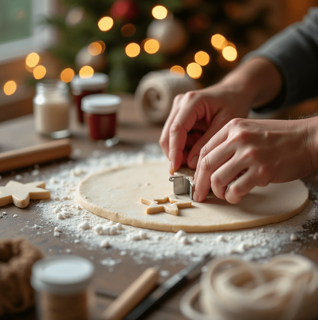 Cozy Christmas crafting setup with cookie cutters, salt dough, paintbrushes, glitter, and a partially finished ornament on a wooden table, surrounded by warm fairy lights and a decorated Christmas tree.