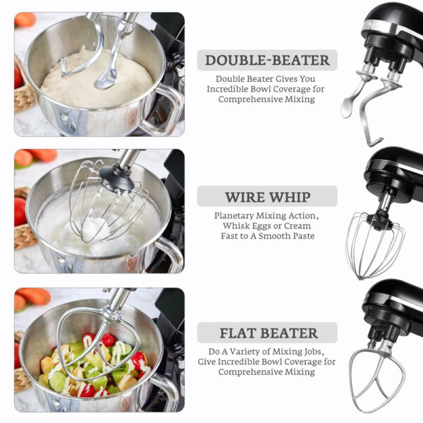 Stand Mixer with Double Hook, 6 Speeds, 5.5Qt Stainless Steel Bowl, Beater and Whisk Black - Image 4