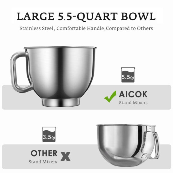 Stand Mixer with Double Hook, 6 Speeds, 5.5Qt Stainless Steel Bowl, Beater and Whisk Black - Image 5