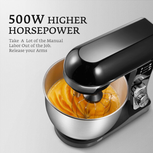 Stand Mixer with Double Hook, 6 Speeds, 5.5Qt Stainless Steel Bowl, Beater and Whisk Black - Image 6