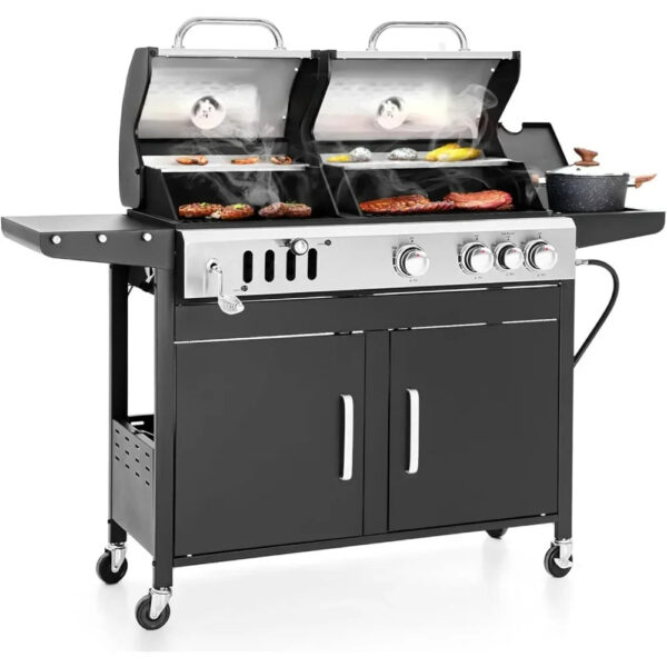 Charcoal and Propane Gas Grill Combo with Side Burner & Porcelain-Enameled Cast Iron Grate