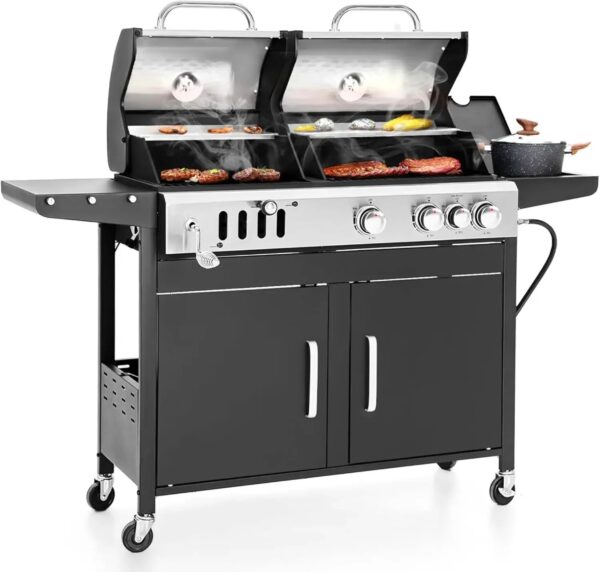 Charcoal and Propane Gas Grill Combo with Side Burner & Porcelain-Enameled Cast Iron Grate - Image 7