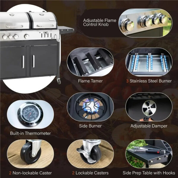 Charcoal and Propane Gas Grill Combo with Side Burner & Porcelain-Enameled Cast Iron Grate - Image 5