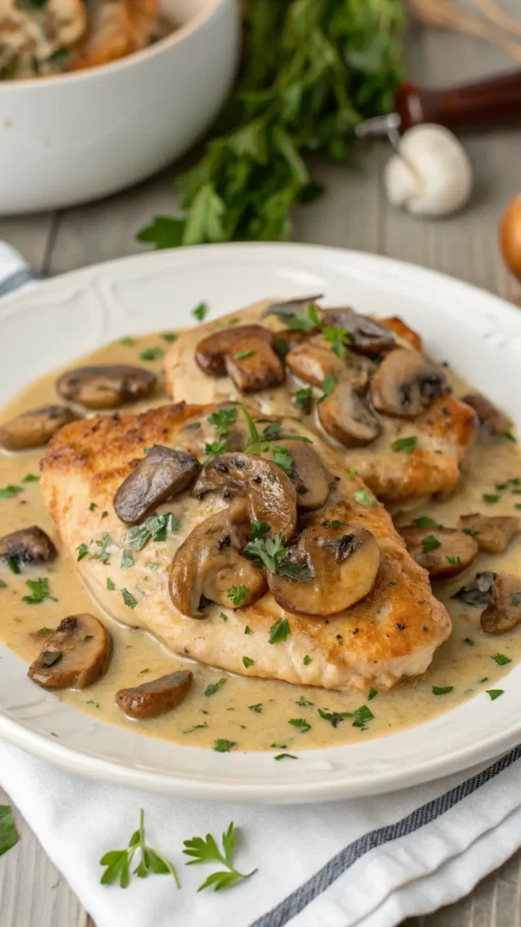 A steaming bowl of creamy mushroom chicken, served over a bed of fluffy rice, with a sprinkle of fresh chives.