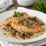 Close-up shot of juicy mushroom chicken breast in a creamy sauce, garnished with fresh parsley.