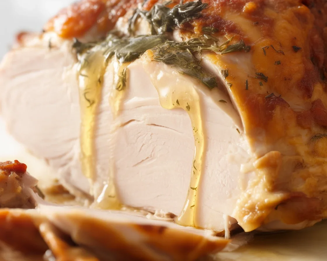 Garlic Herb Butter SLOW COOKER Turkey Breast served with savory garlic butter gravy.