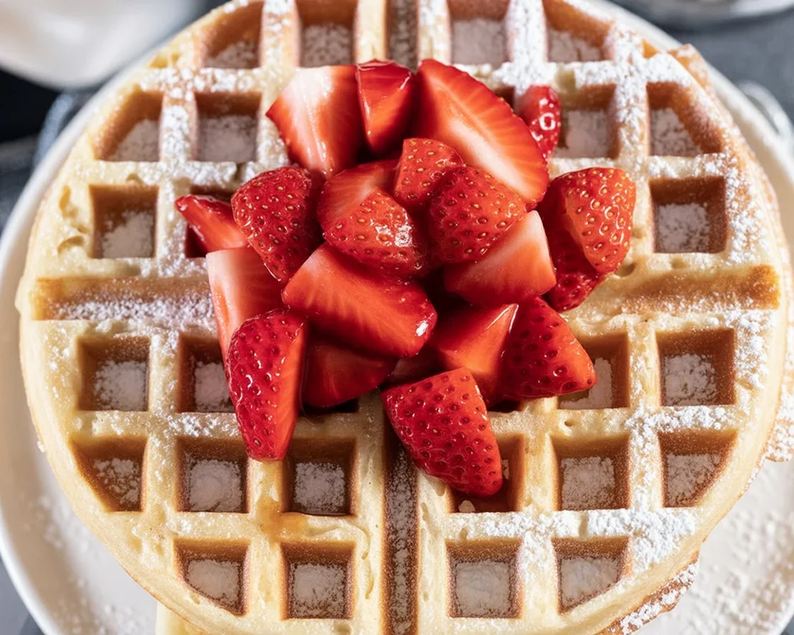 Fluffy homemade Belgian waffles topped with syrup and fresh berries.
