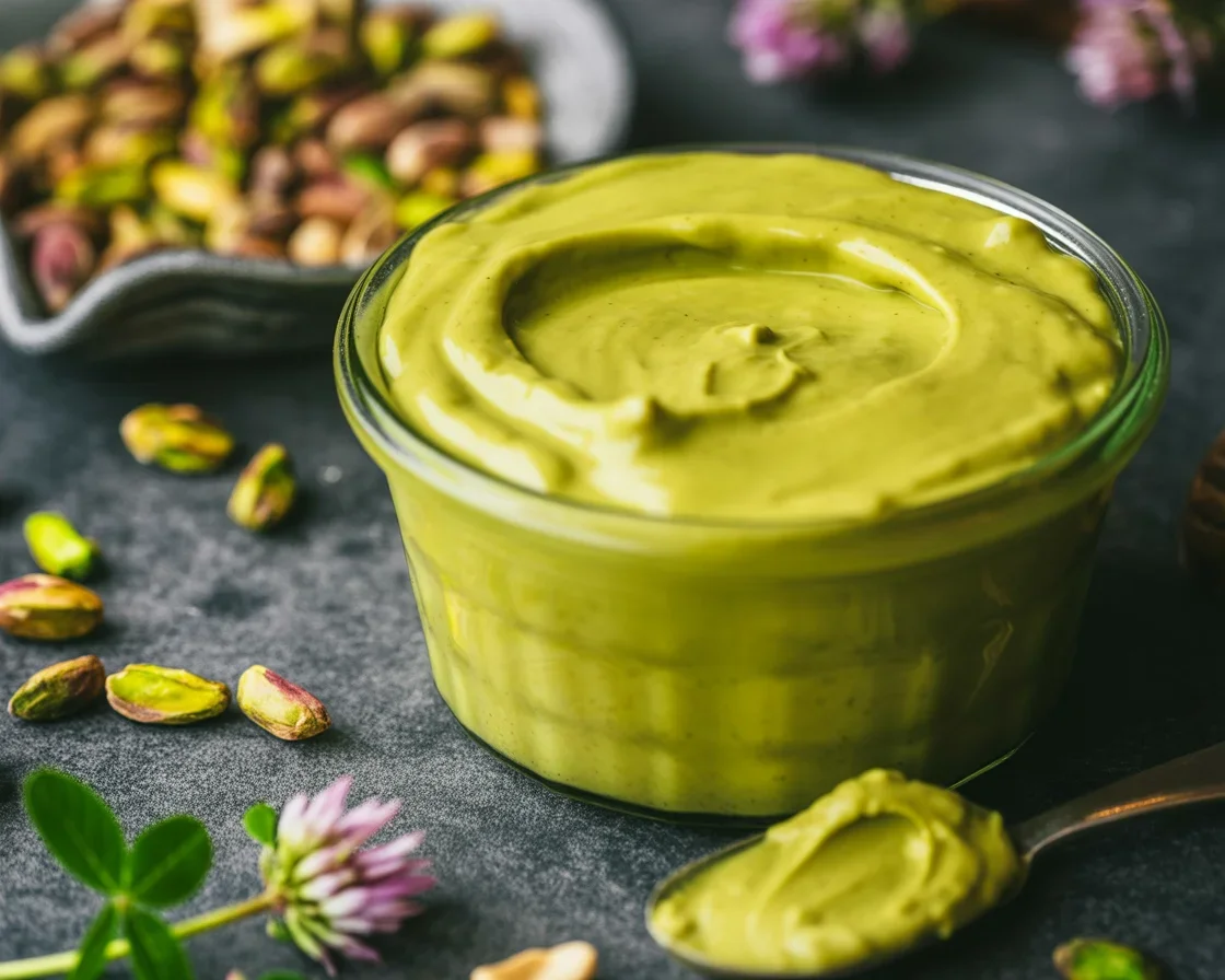 Homemade Italian Pistachio Cream in a glass jar with nuts around it