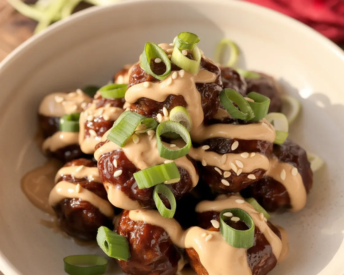 Delicious Korean BBQ Meatballs glazed with sweet and spicy sauce served with rice.