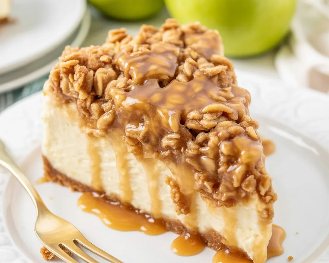 Delicious Apple Crumble Cheesecake with oat crumble topping and creamy apple filling.