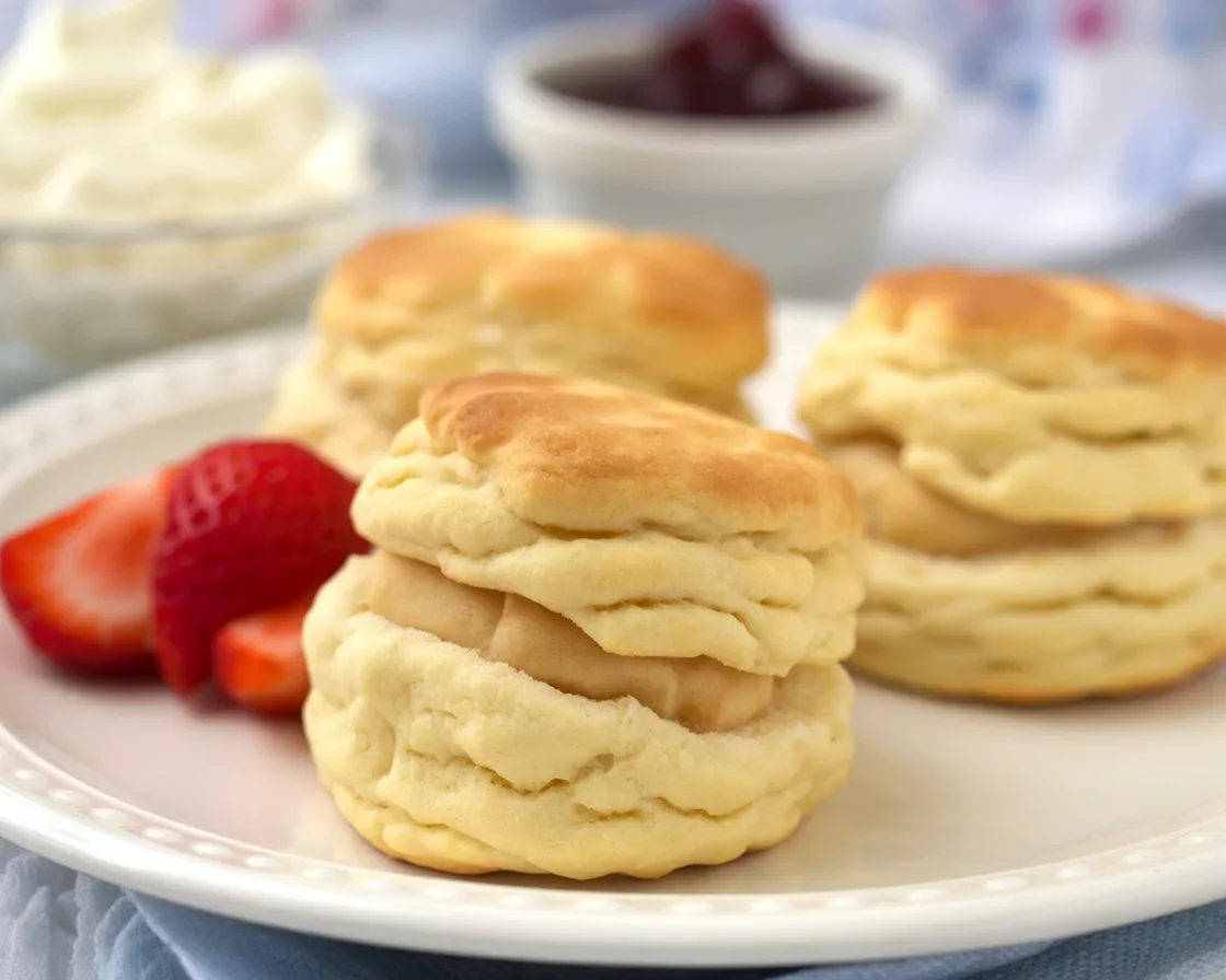 Authentic British Scones served with jam and clotted cream on a plate.
