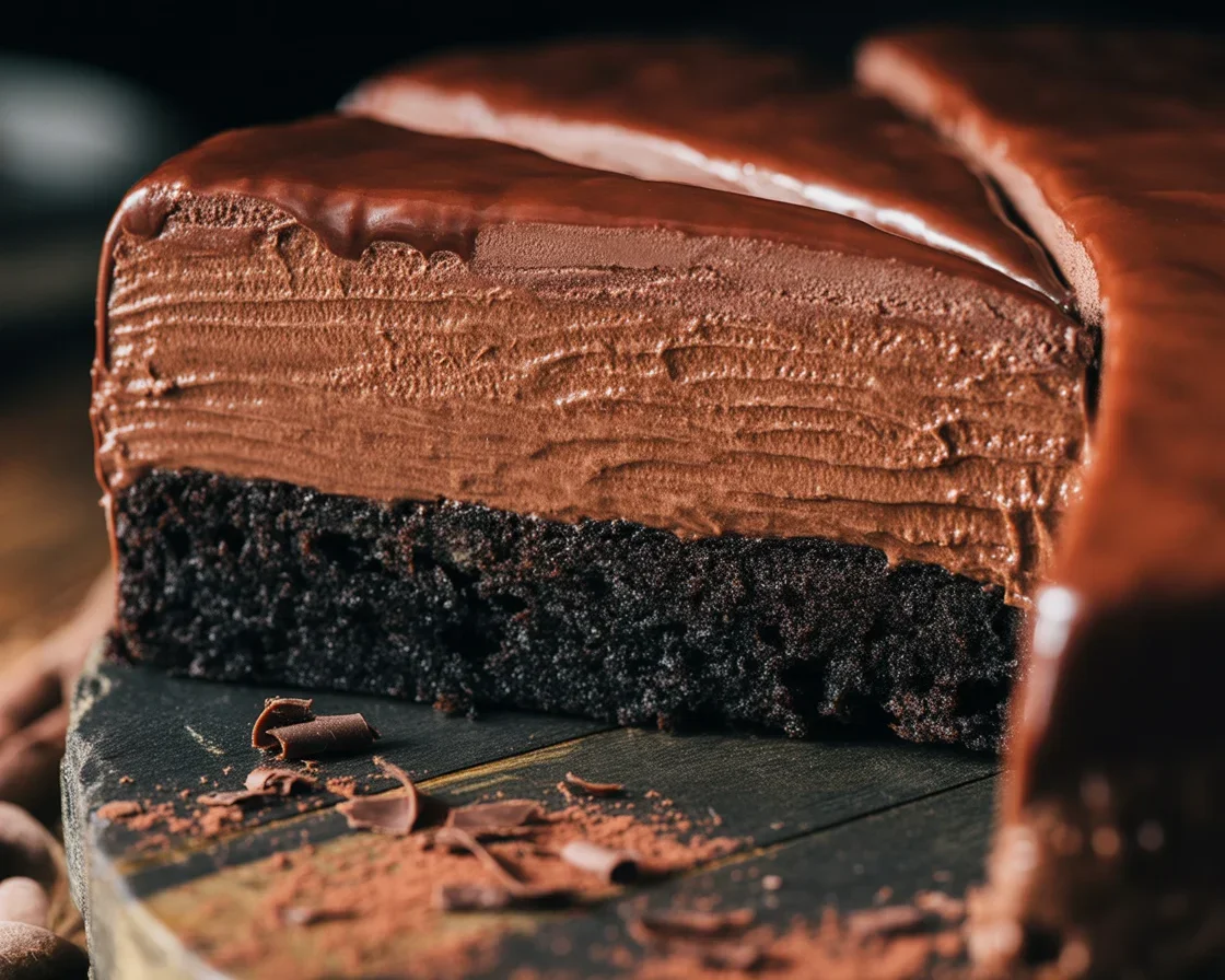 Decadent chocolate mousse cake with layers of moist cake, fluffy mousse, and rich ganache