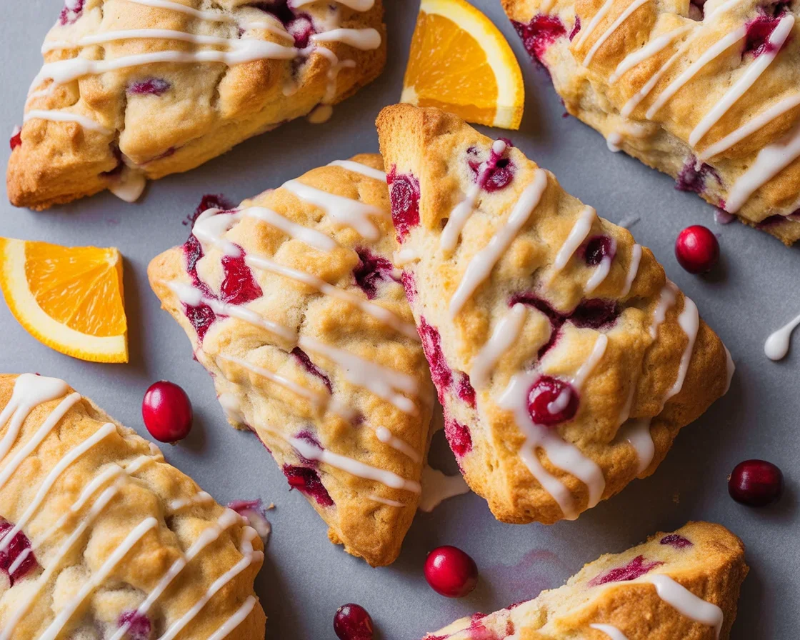 Freshly baked Cranberry Orange Scones topped with a sweet glaze and cranberries.