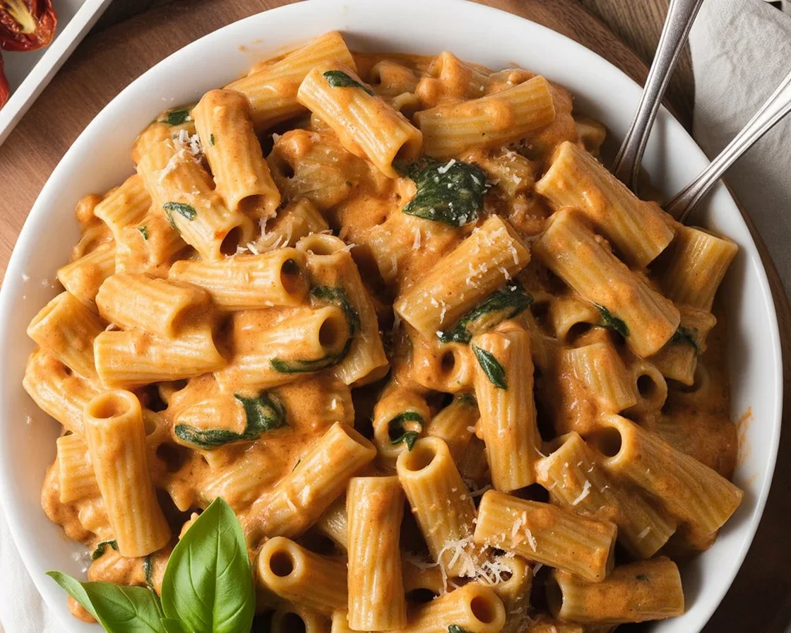 Delicious Creamy Sun Dried Tomato Vegan Pasta served in a bowl with fresh basil.