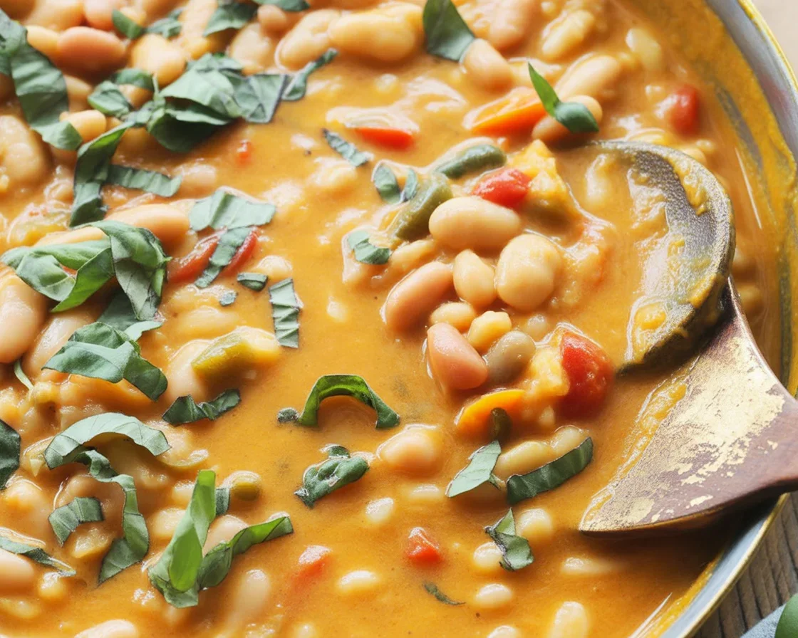 Creamy Vegan Tomato White Bean Stew garnished with herbs in a bowl