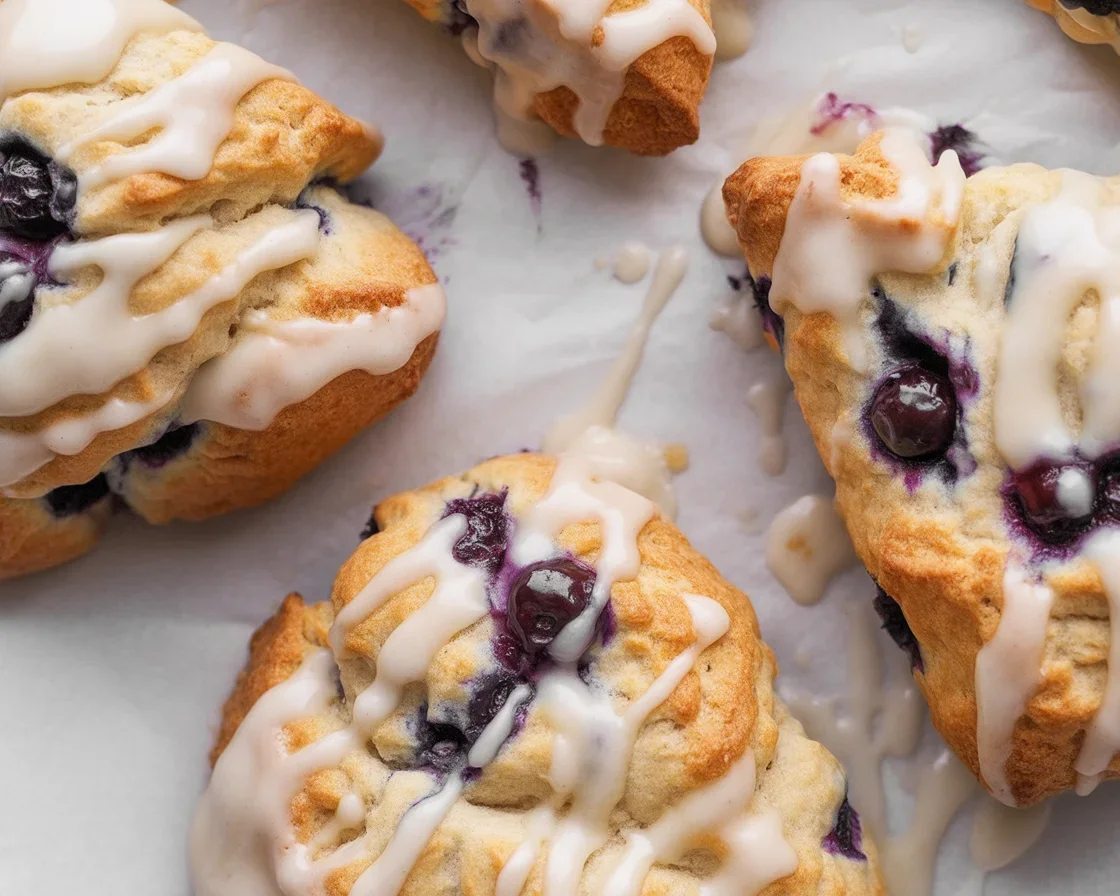 Freshly baked Blueberry Scones with juicy blueberries on a plate.