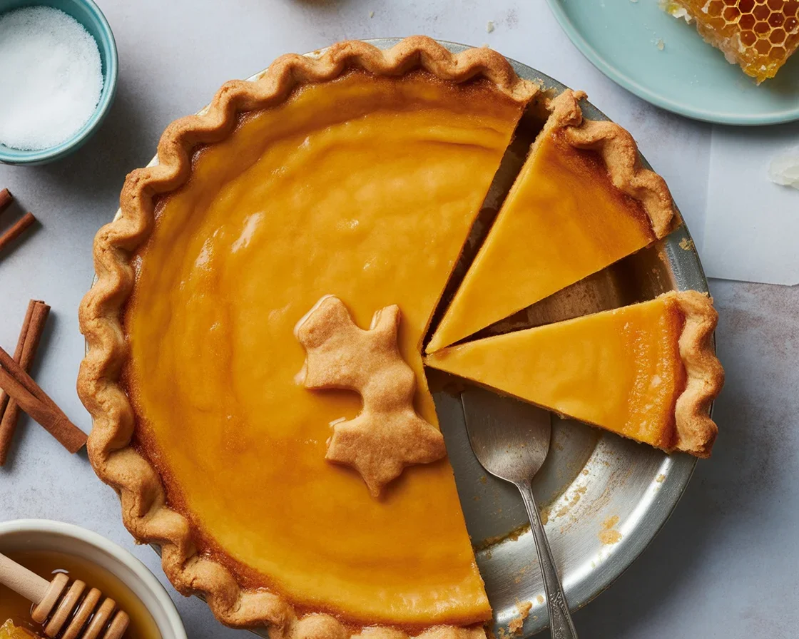 Delicious Golden Greek Honey Pie (Melopita) with a golden crust and creamy filling.