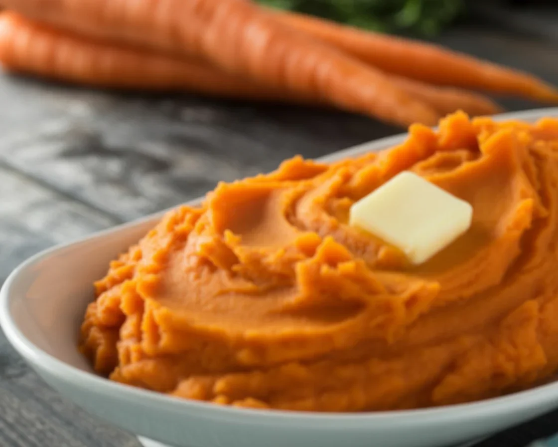 Bowl of Healthy Smashed Carrots garnished with herbs and olive oil.