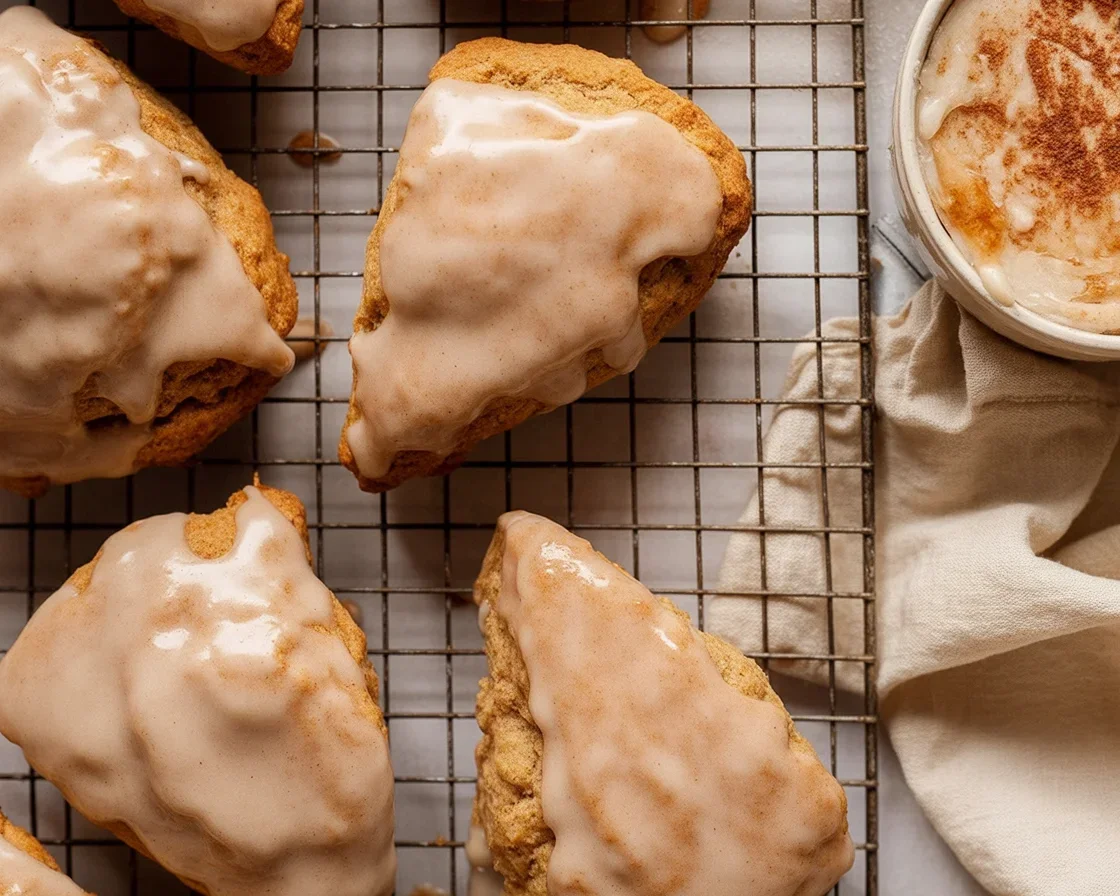 Homemade Chai Scones with Maple Chai Glaze topped with icing on a plate