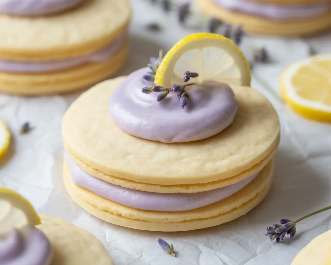 Lemon Lavender Sandwich Cookies with lemon buttercream and lavender shortbread