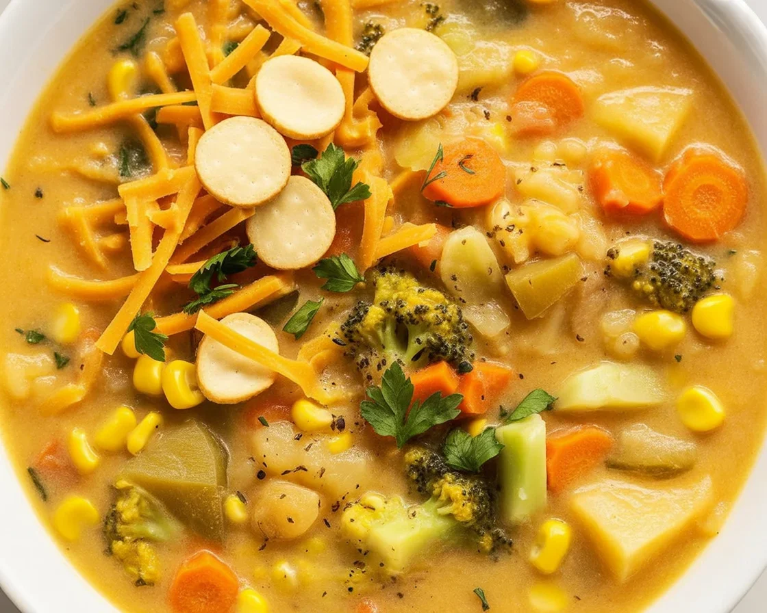 One Pot Creamy Vegetable Soup with colorful vegetables in a large pot.