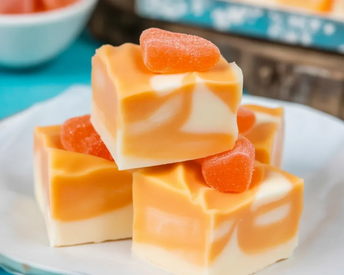 Delicious Orange Dreamsicle Fudge made with white chocolate and orange flavor.