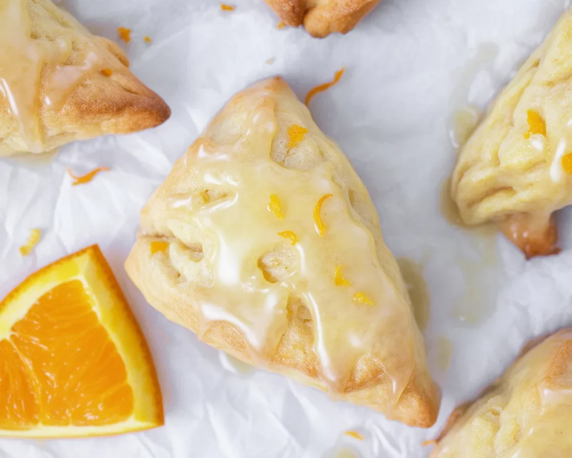 Delicious homemade Panera Easy Orange Scones with glazed icing and orange zest.