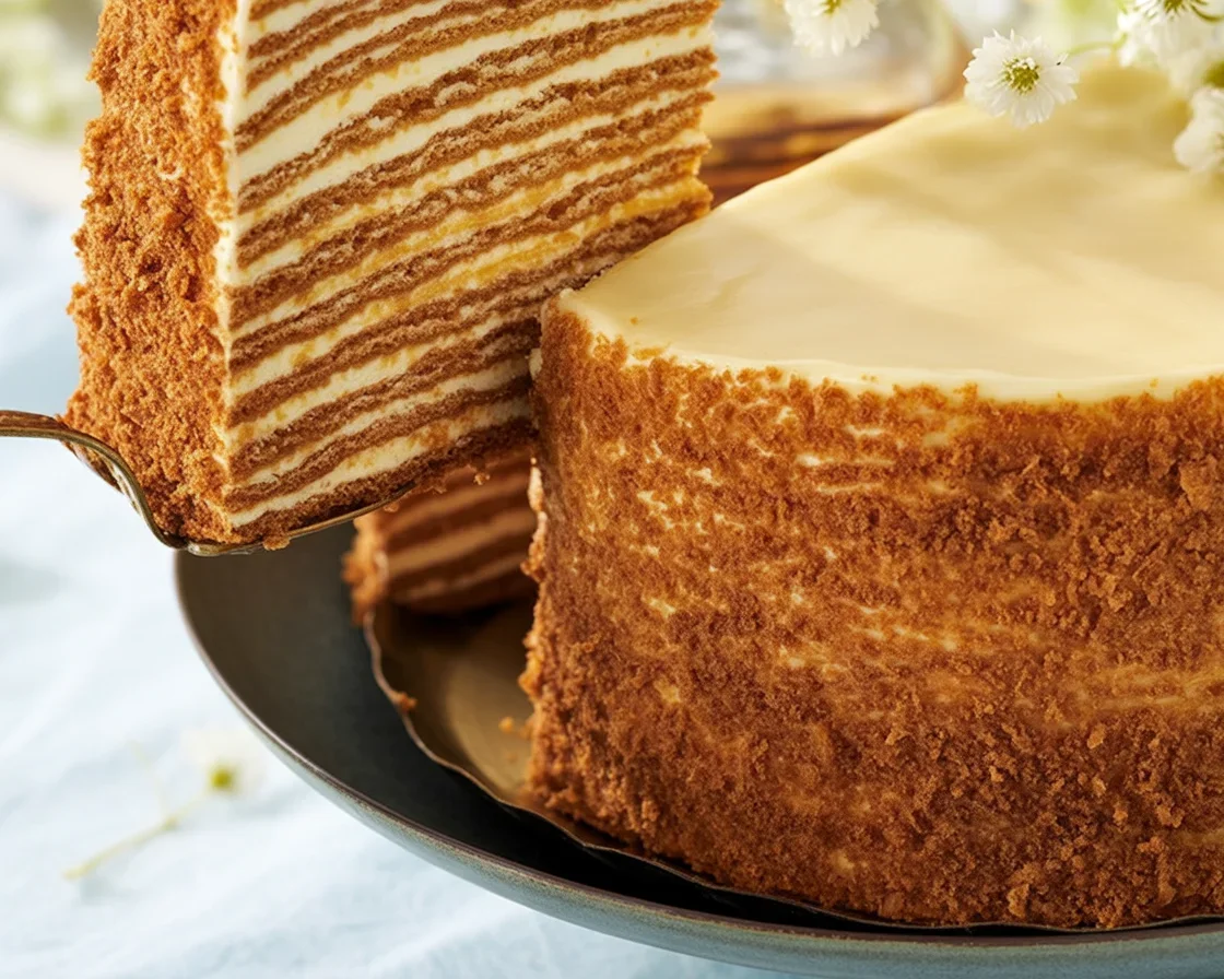 Beautifully layered Russian Honey Cake (Medovik) showcasing burnt honey and creamy filling.