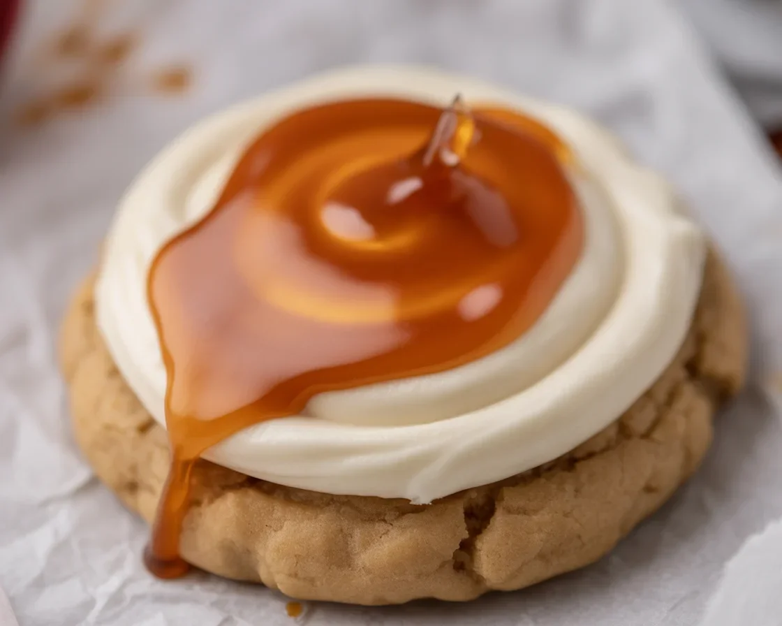 Delicious Salted Caramel Cheesecake Cookies with graham cracker base and caramel drizzle.