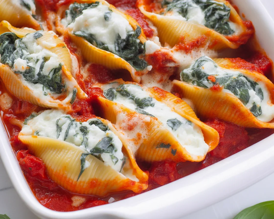 Delicious Spinach and Ricotta Stuffed Shells topped with marinara sauce and cheese