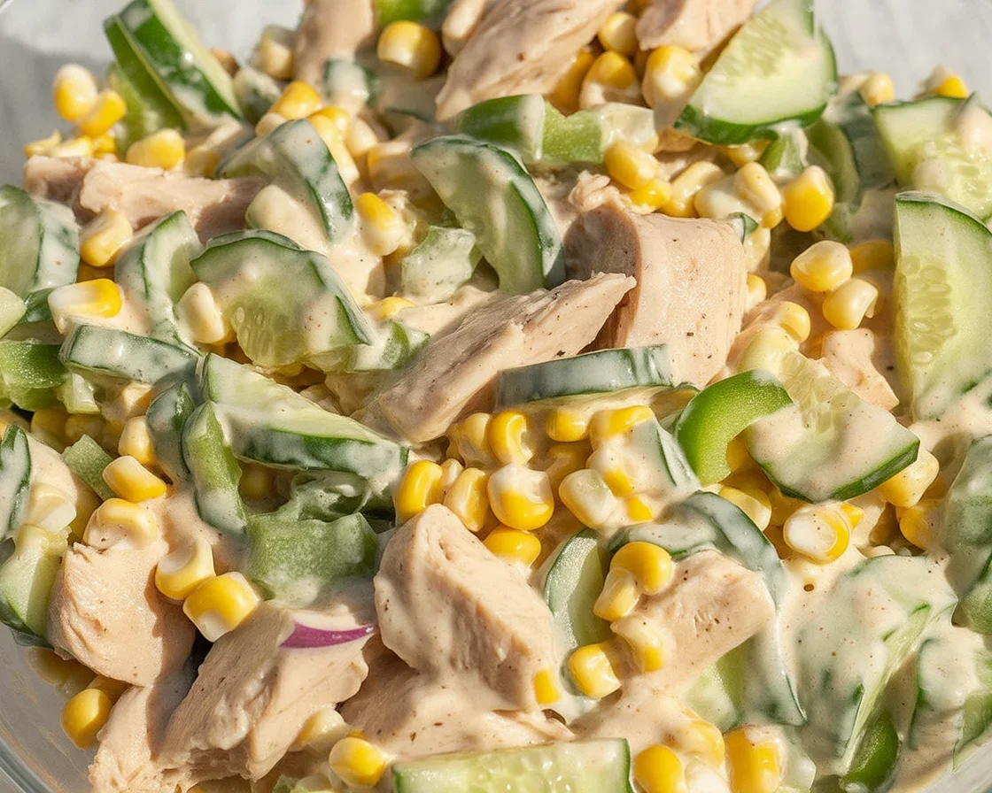 Delicious Street Corn Creamy Cucumber Salad with fresh corn and cucumber in a creamy dressing.
