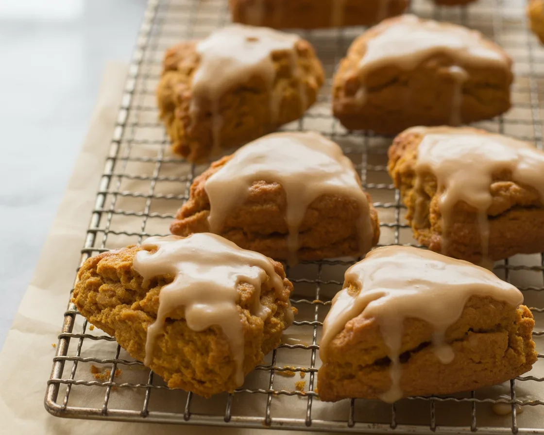 Tender Pumpkin Scones topped with delicious pumpkin spice glaze, flaky and moist.
