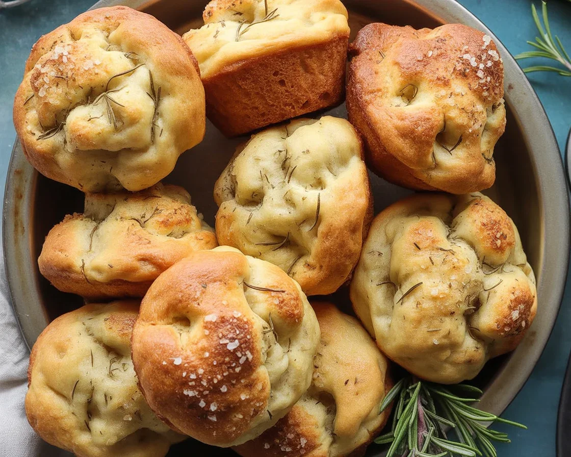 Freshly baked Easy Garlic Rosemary Focaccia Muffins on a cooling rack.