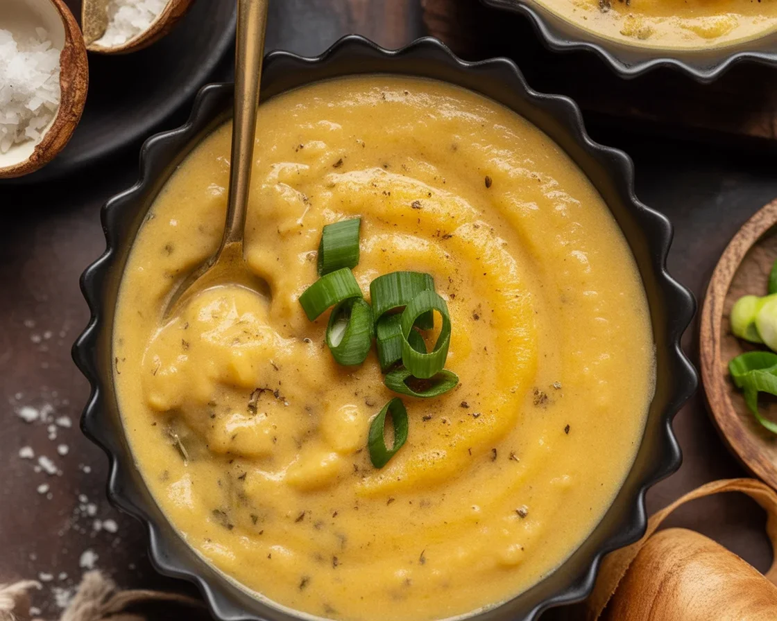 A hearty bowl of creamy Cheddar Garlic Herb Potato Soup garnished with herbs.